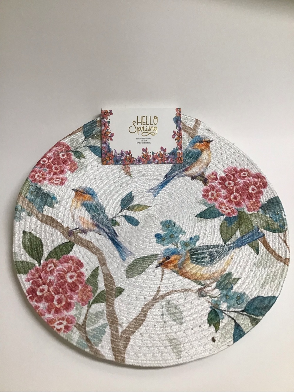 Spring Birds Placemats Floral Braided SET OF 4 15โ Round Handmade in India NEW - Picture 7 of 9